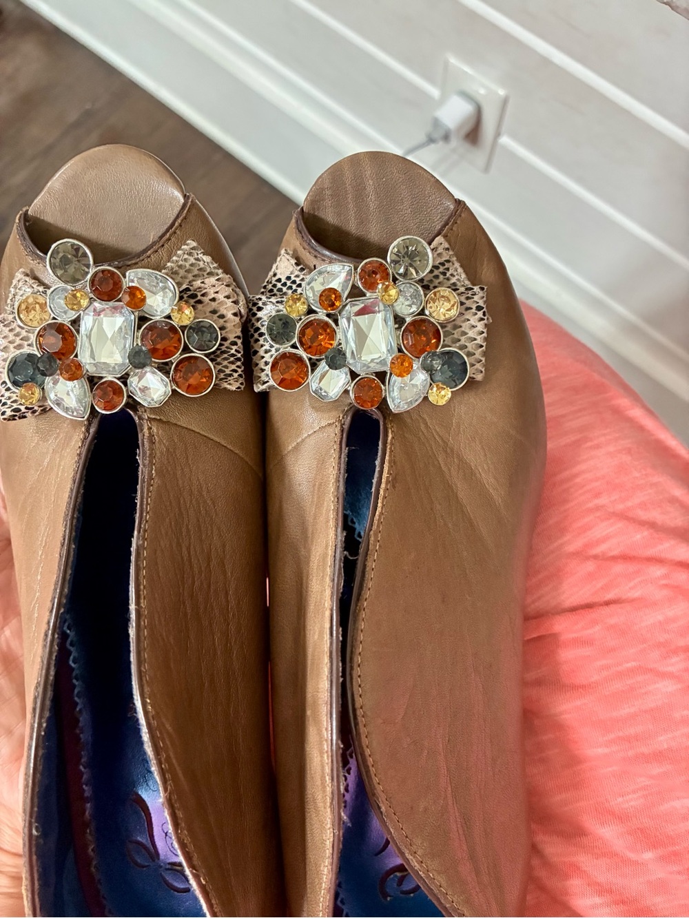 Poetic License Brown Leather Peep Toe Heels with Multicolor Jewel Accent. 40/9